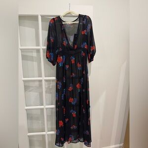 MINKPINK Black Maxi Dress with Red and Blue Floral Print